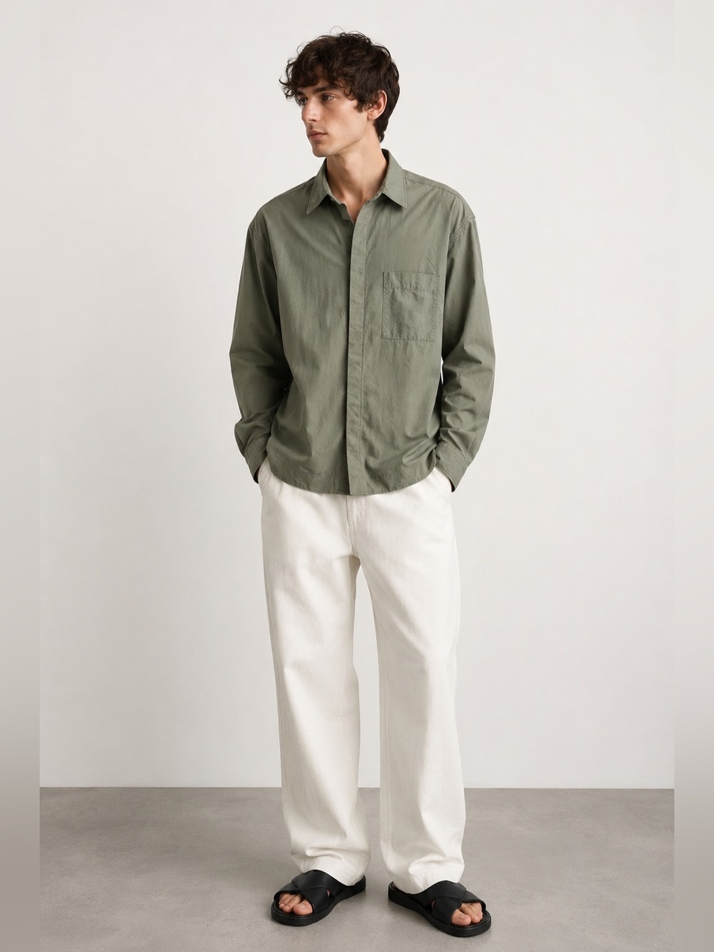 Edition Sage Green Hidden Placket Button-Up Shirt Size 100 Oversized Fit